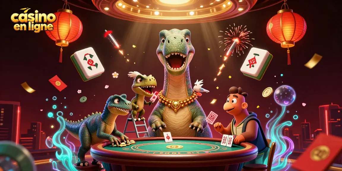 Un casino en ligne avec un brontosaurus géant et un raptor distribuant des cartes, ambiance festive.