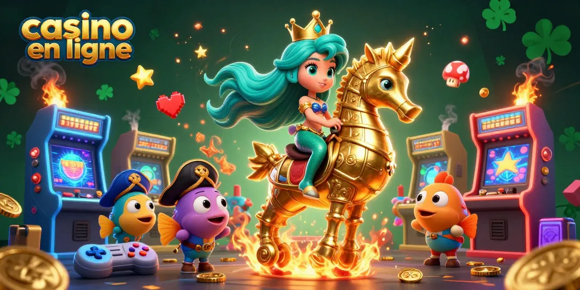 Découvrez le casino en ligne avec une sirène et un hippocampe en or, entourés d'éléments de jeu captivants.