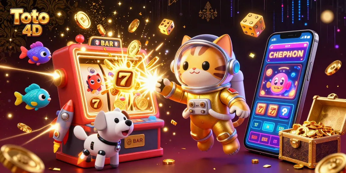 Toto 4D illustration depicting a colorful gambling scene with a slot machine, golden coins, and a joyful astronaut cat.