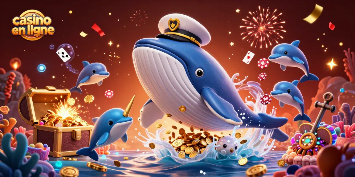 Jouez sur un casino en ligne avec une illustration de baleine géante et dauphins jonglant avec des jetons de poker.