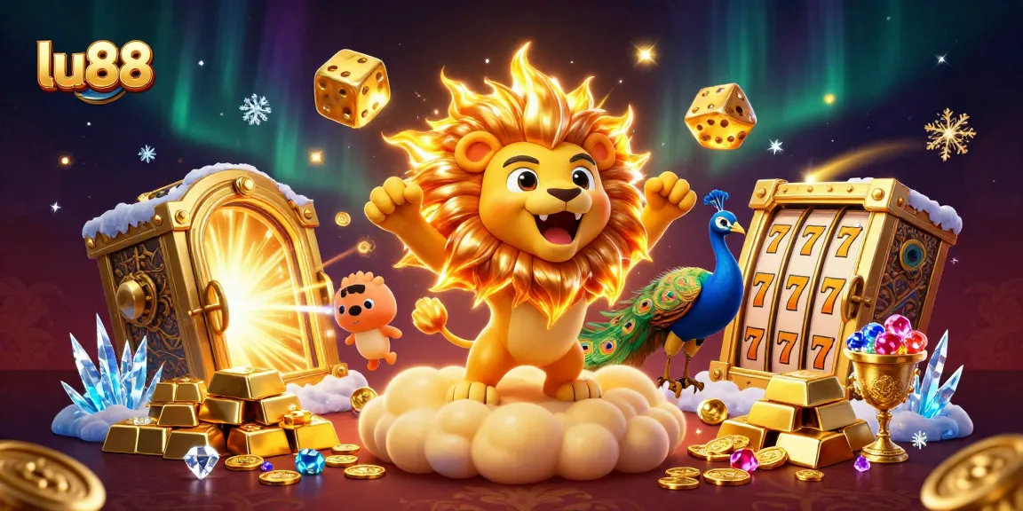 lu88 casino banner featuring a roaring lion, golden dice, and slot machines amidst treasures