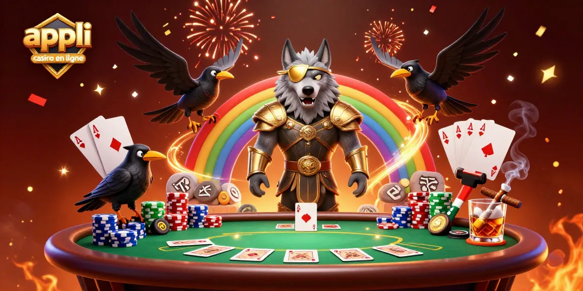 Illustration 3D sur l'appli casino en ligne avec des personnages mythologiques et des éléments de poker.