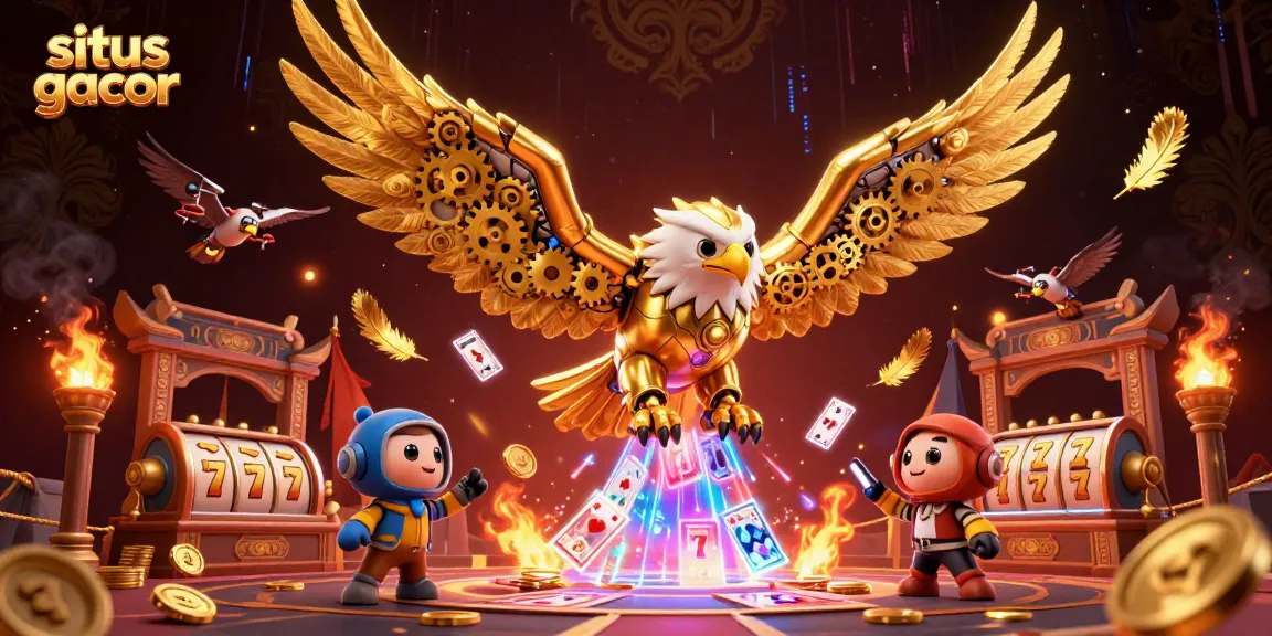 Experience the exciting action of situs gacor with a cartoon eagle and slot elements in a vibrant casino atmosphere.