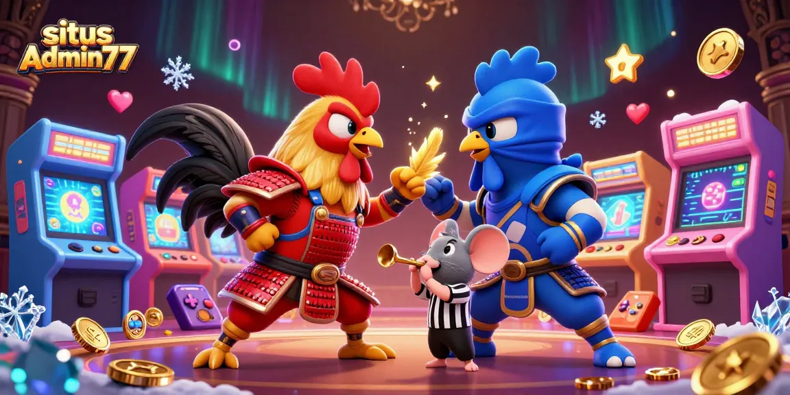 Engage with situs Admin77's thrilling gaming experience featuring two dueling roosters amidst vibrant casino elements.