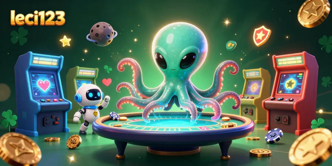 Engage with leci123's thrilling gaming action featuring a cartoon alien octopus at a poker table.