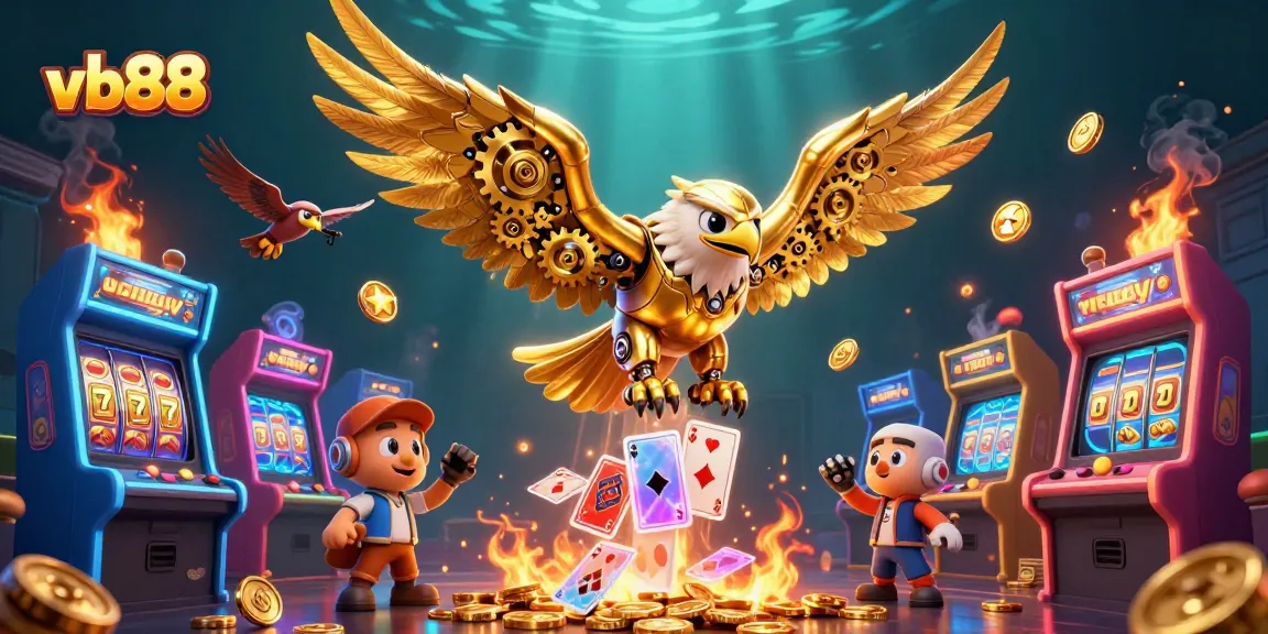 Watch vb88's 3D golden eagle dive through holographic playing cards in a vibrant casino scene.