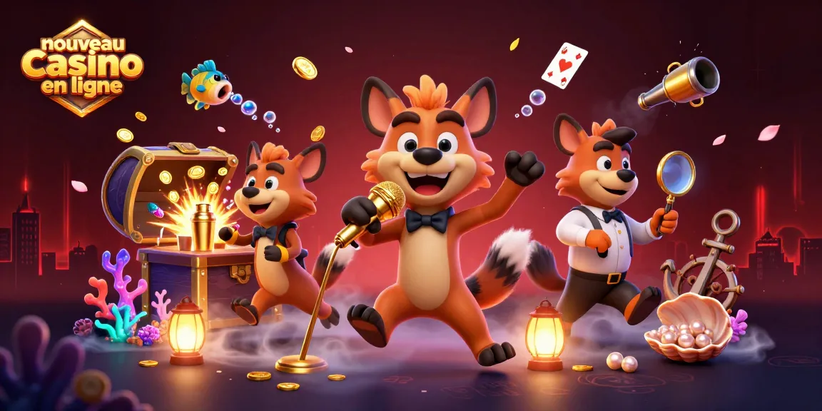 Illustration d'un nouveau casino en ligne animé avec des hyènes divertissantes et des éléments de jeu colorés.