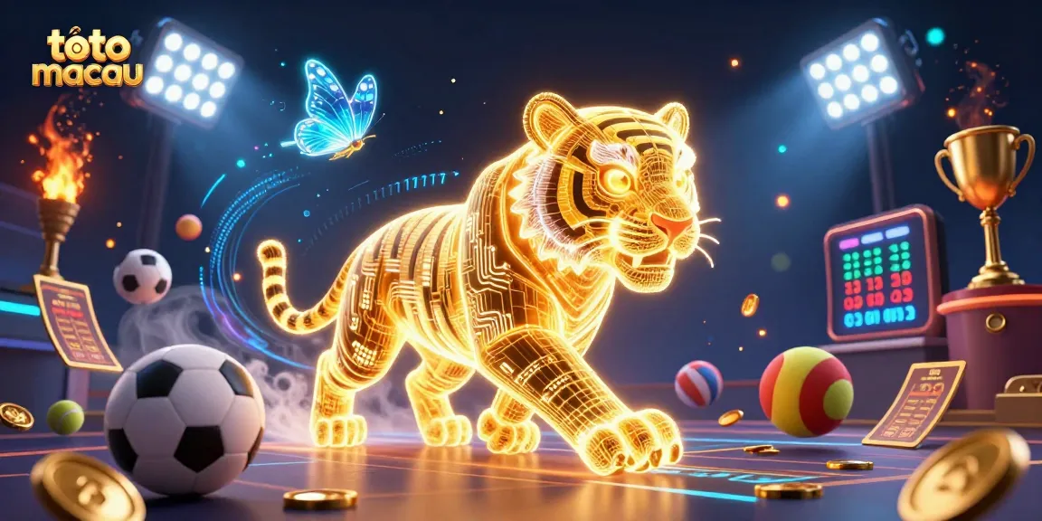Mesin kasino digital "toto macau" menampilkan harimau emas neon dan bola olahraga.