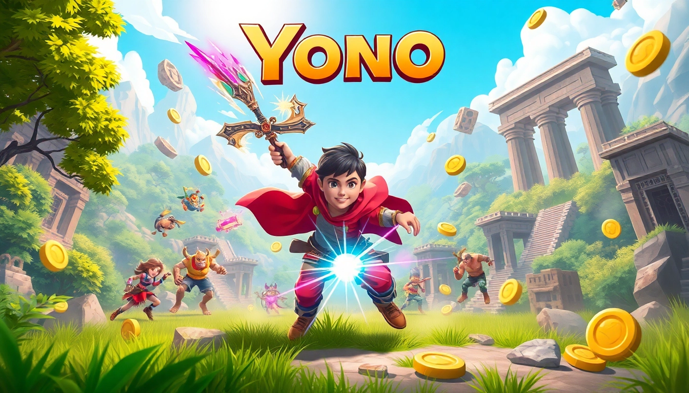 Experience yono game with an exciting character amidst vibrant game elements and lush landscapes.