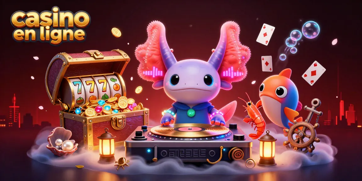 Jouer sur un casino en ligne vibrant avec un DJ axolotl et un trésor sous-marin éclatant.