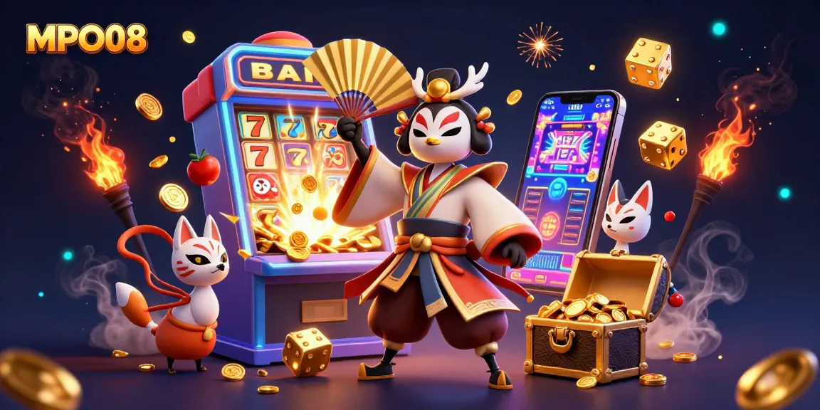 MPO08 showcases an action-packed casino scene with a kabuki warrior and giant slot machines.