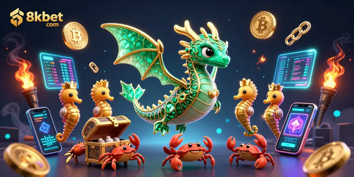 Engage with the vibrant 8xbet com casino scene featuring a majestic sea dragon and crypto elements.
