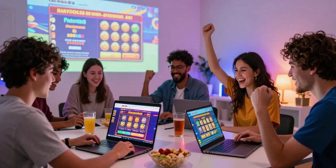 Group of friends celebrating while playing Playbook88 online slot games in a vibrant home setting.