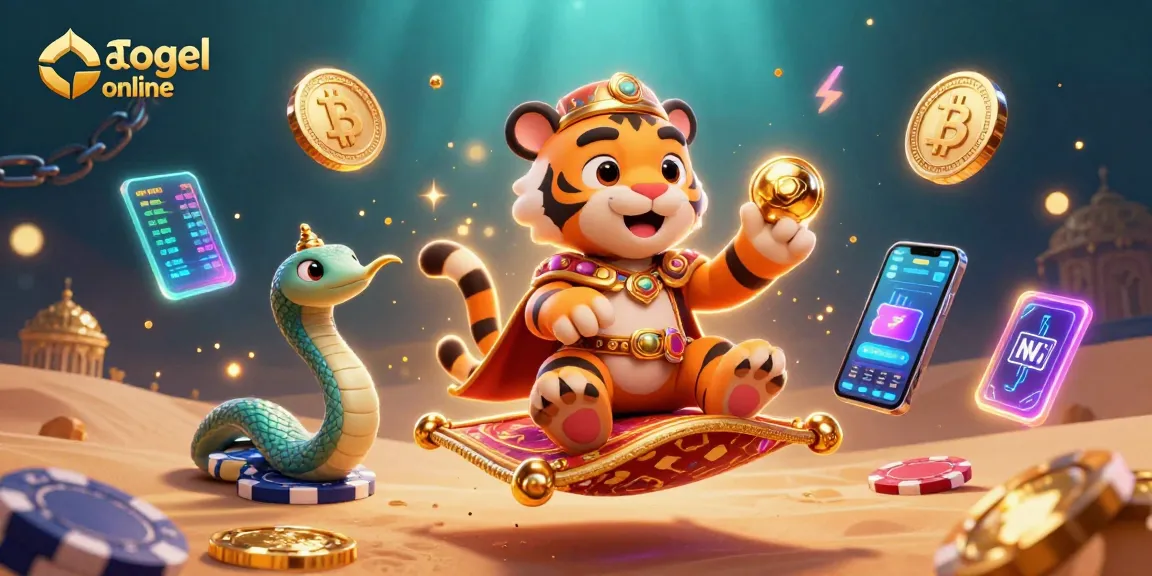 Engage with agen togel online in this vivid 3D scene showcasing a magical sultan on a poker chip carpet and crypto elements.