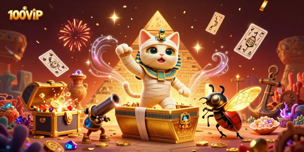 Join the exciting action at 100VIP's vibrant casino scene, featuring a mummy cat and glowing scarab.