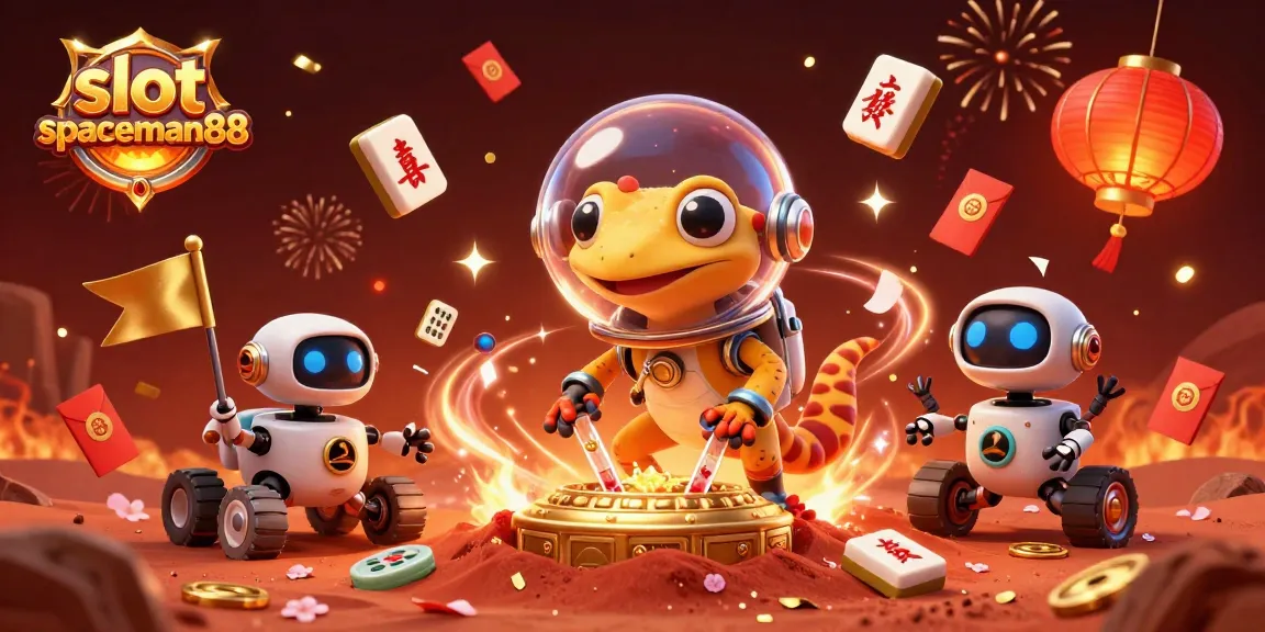 Slot spaceman88 showcases a Martian gecko and robot alongside vibrant casino elements.