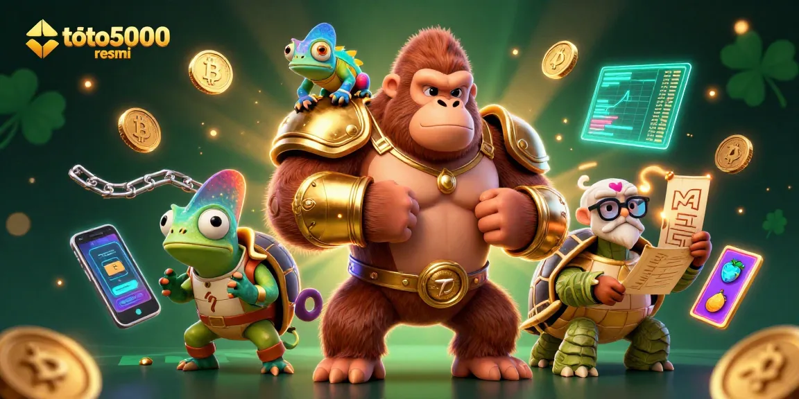 Engage with exciting games at toto5000 resmi featuring a vibrant gorilla, chameleon, and tortoise in a rich 3D scene.