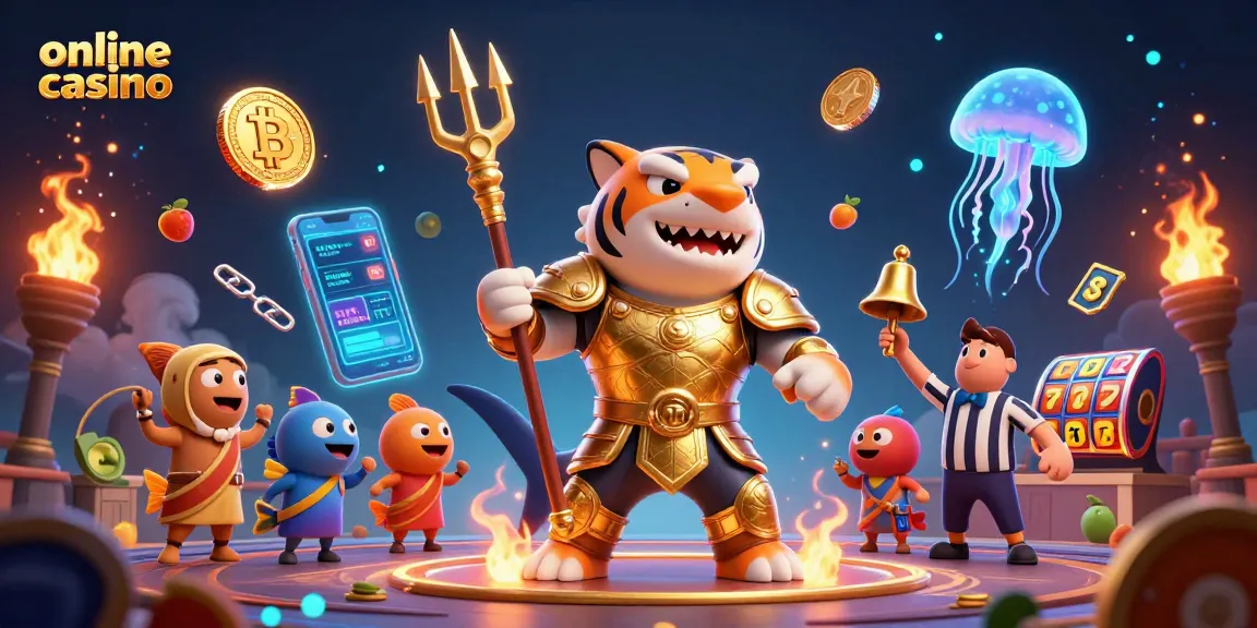 Engaging online casino scene with a tiger shark warrior and cryptocurrency elements, capturing the thrill of gaming.