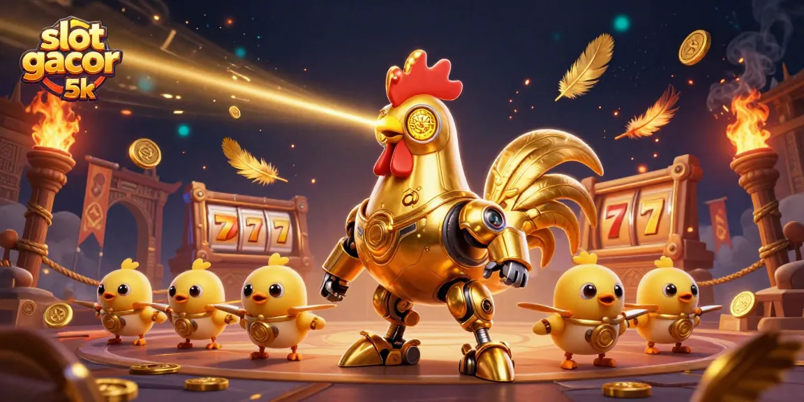 Engage with exciting slot gacor 5k gameplay as a golden rooster robot beams winning patterns amidst golden symbols.