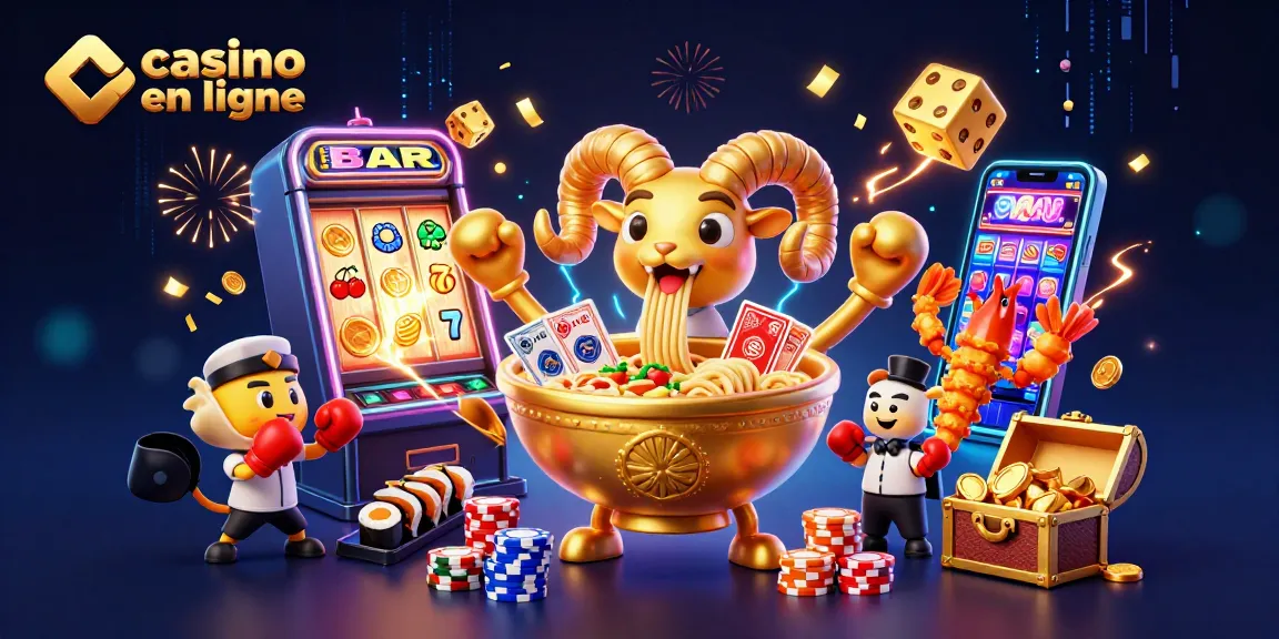 Animations joyeuses de casino en ligne avec un bol de ramen géant et des personnages colorés