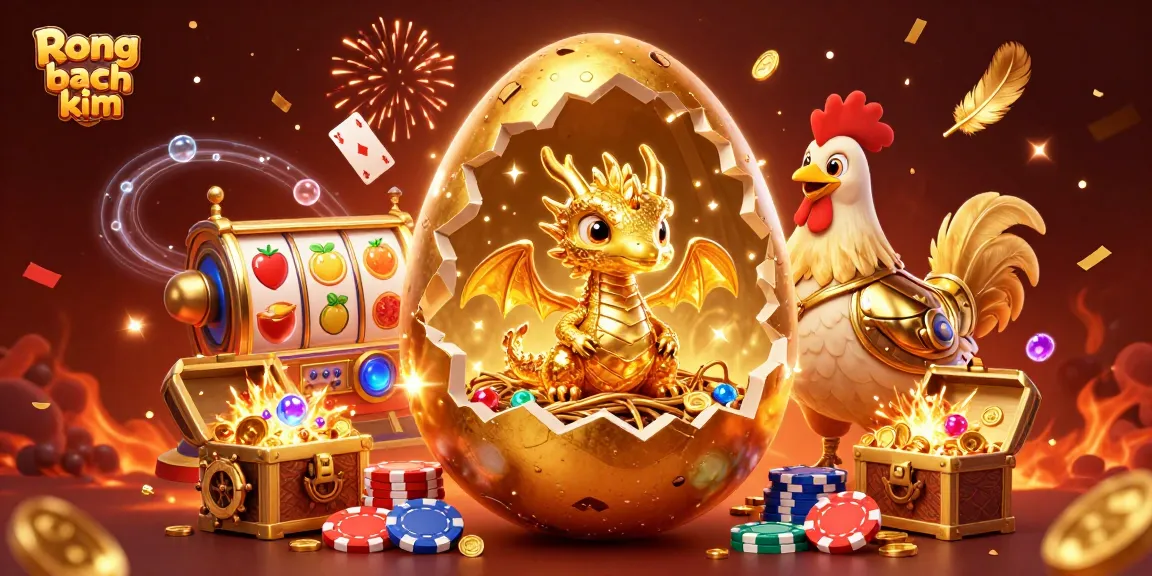 Rong bach kim reveals a golden baby dragon on poker chips amidst colorful slot reels.