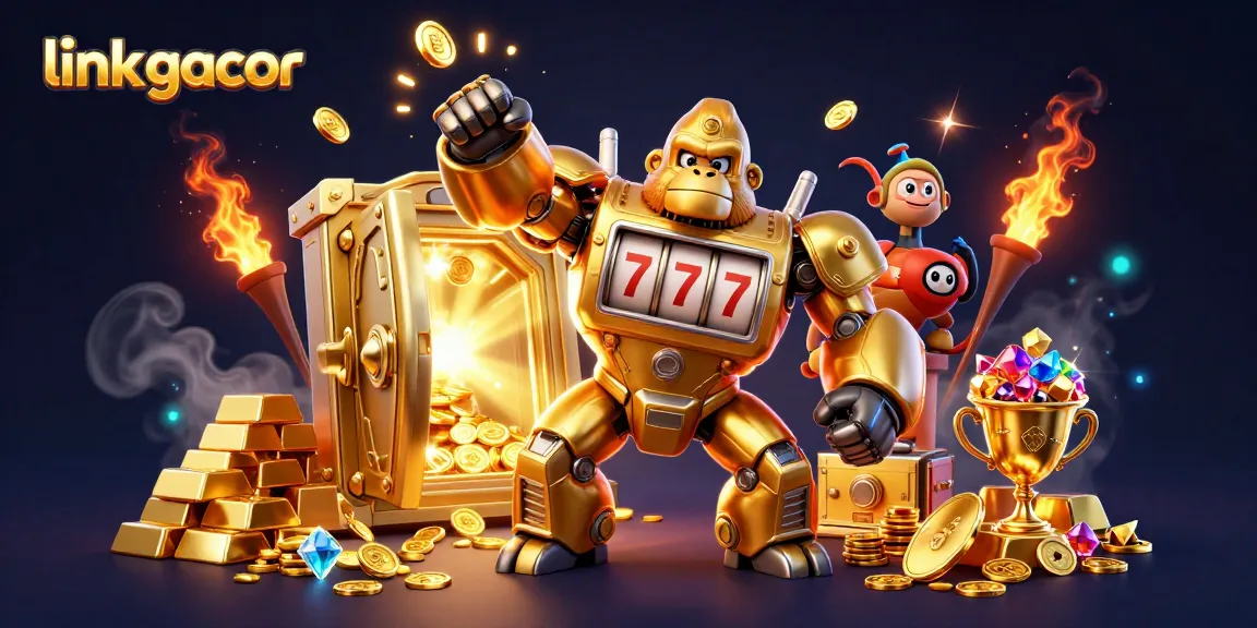 Experience the excitement of link gacor with a dynamic 3D gambling scene of golden gorilla mechs.