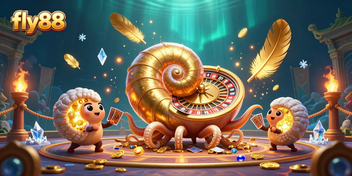 Fly88 reveals a thrilling 3D gambling scene with a giant nautilus roulette wheel surrounded by golden treasures.