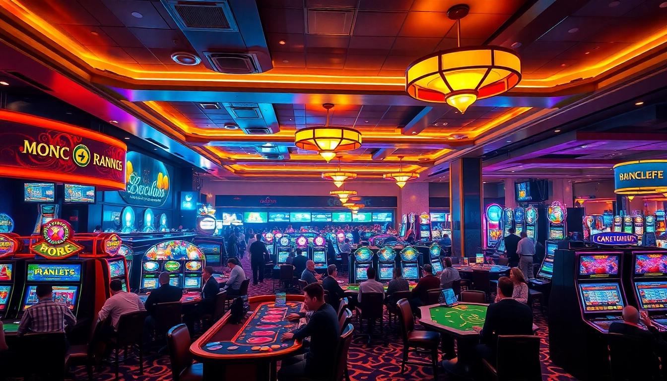 Permainan kasino oja89 yang seru dengan meja poker dan mesin slot yang berwarna-warni.