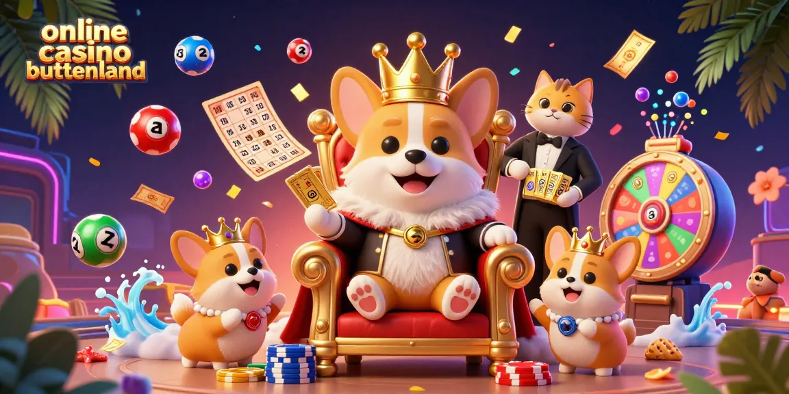 Set the scene at an online casino buitenland with a corgi king, cat butler, and dynamic lottery elements.