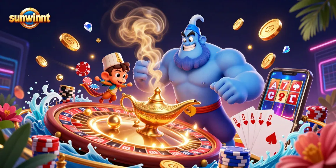 Experience excitement with sunwinnt as a genie emerges from a lamp alongside playful elements in a dynamic casino scene.